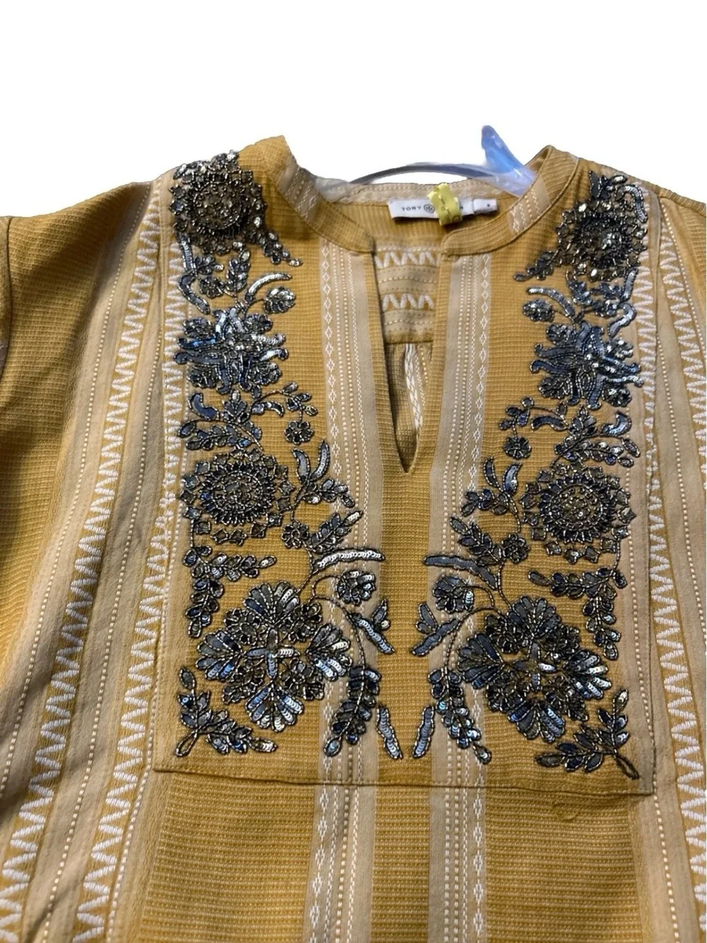 Tory Burch Set Women Sequin Embellished Yellow & Ivory Cotton Tunic 8 & Pants 6